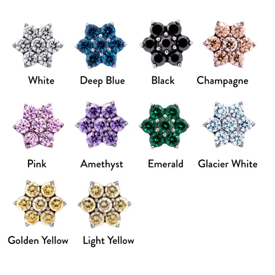 Color swatches of gemstone-like flower-shaped objects with labels for each color.