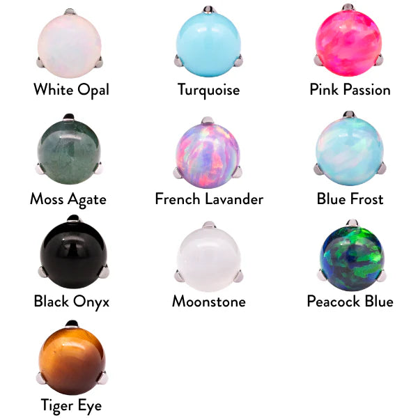 Junipurr Jewlery Prong-Set Bead - Threadless End -White Opal, Turquoise, Pink Passion, Moss Agate, French Lavender, Blue Frost, Black Onyx, Moonstone, Peacock Blue, Tiger Eye