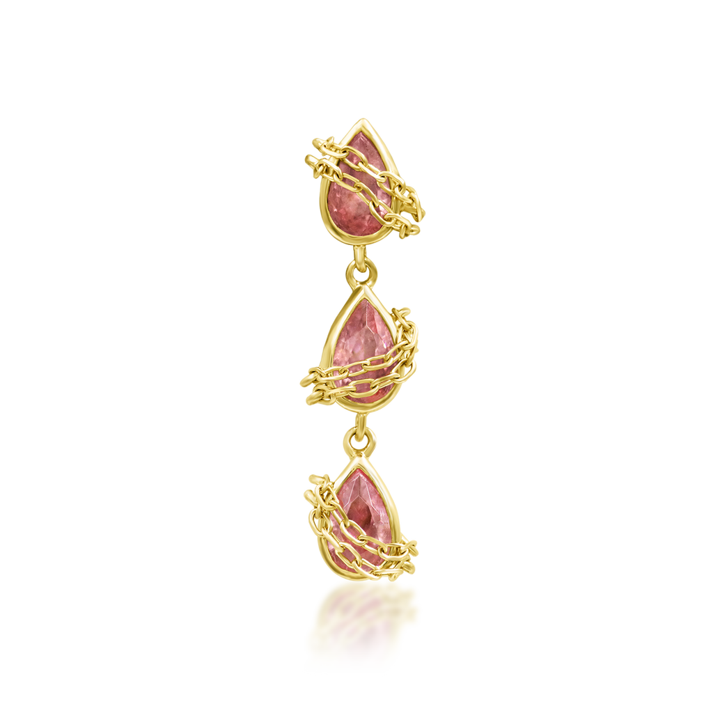 QUICK SHIP | 14K Gold "Baddie" — Cascading Chain Wrapped Pink CZ Teardrop & Titanium Threadless Labret Post by Junipirr Jewelry
