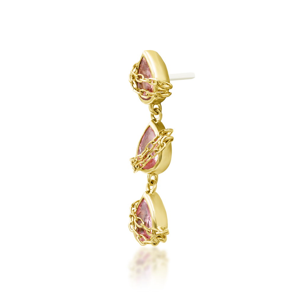 QUICK SHIP | 14K Gold "Baddie" — Cascading Chain Wrapped Pink CZ Teardrop & Titanium Threadless Labret Post by Junipirr Jewelry
